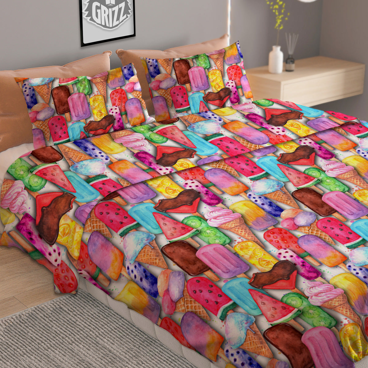 Watercolor Ice Cream Print Pattern Duvet Cover Bedding Set