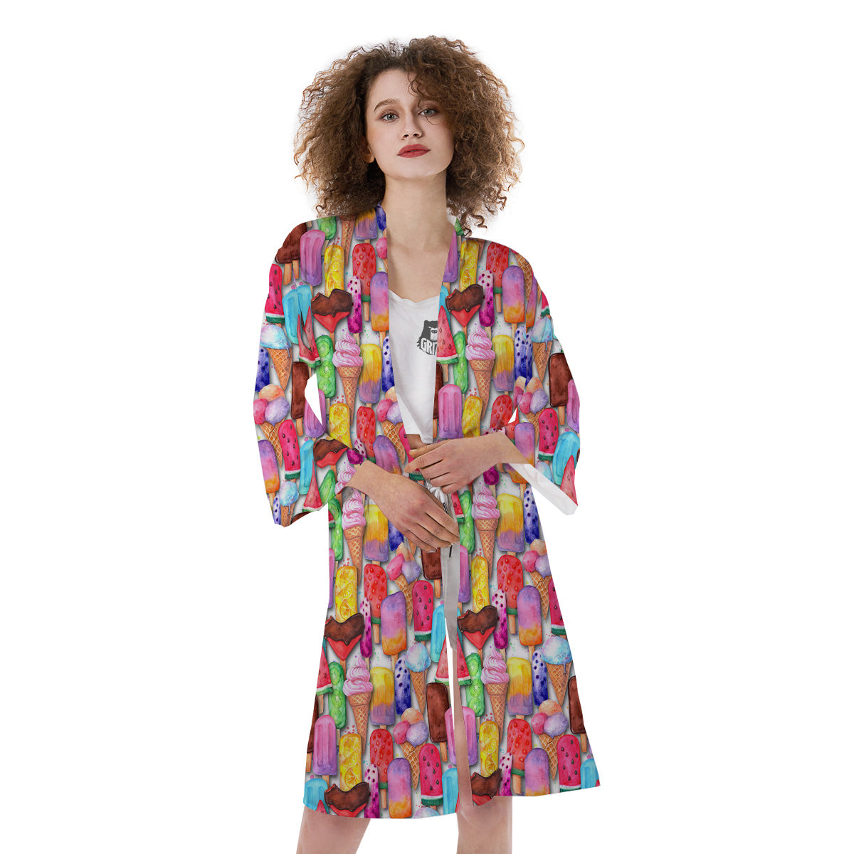 Watercolor Ice Cream Print Pattern Kimono-grizzshop