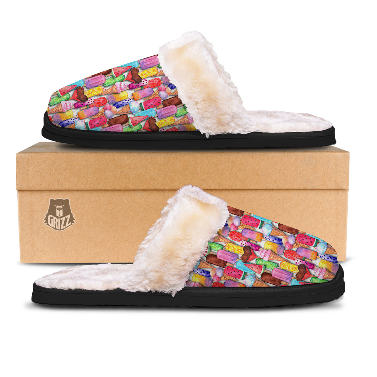 Watercolor Ice Cream Print Pattern Slippers-grizzshop