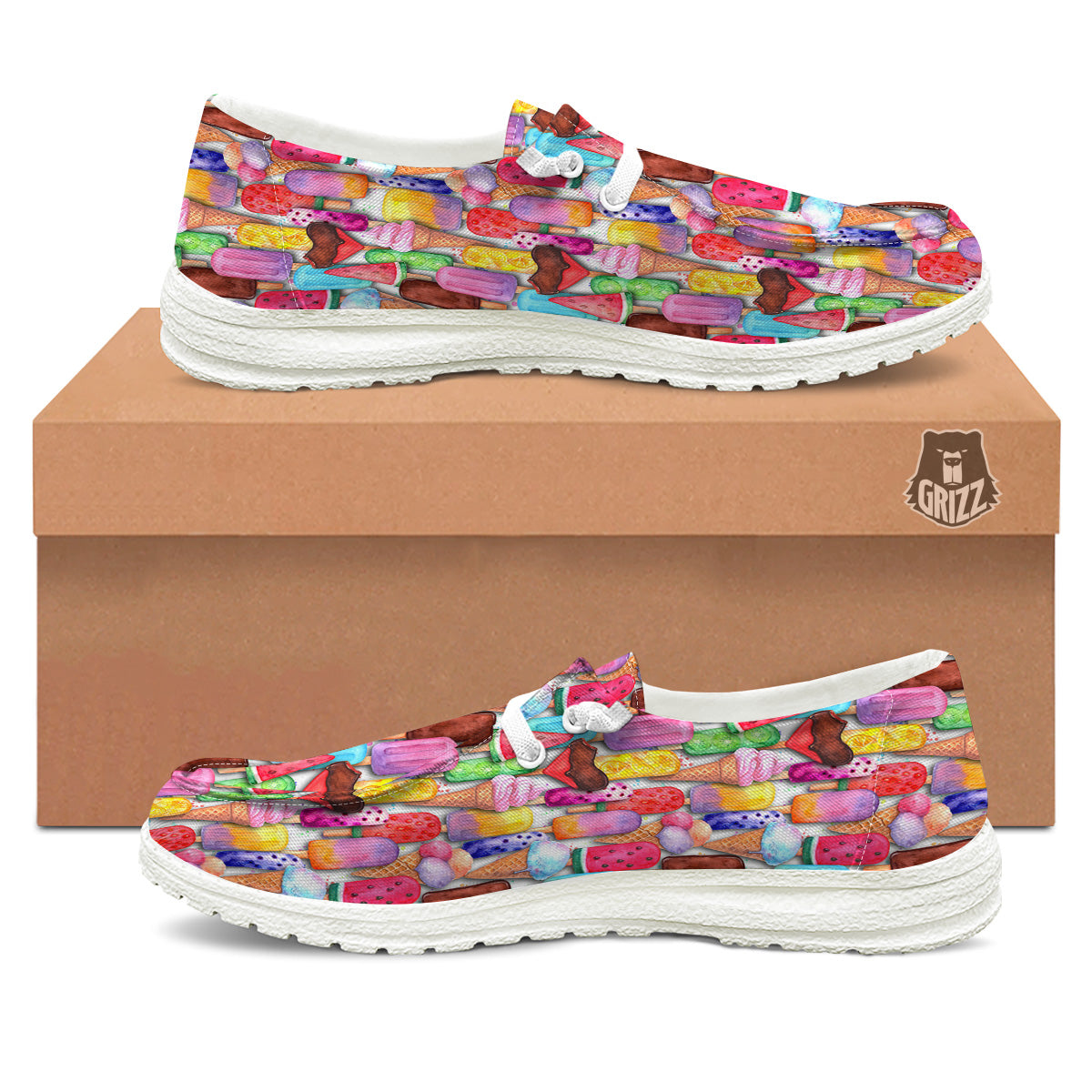 Watercolor Ice Cream Print Pattern White Loafers-grizzshop
