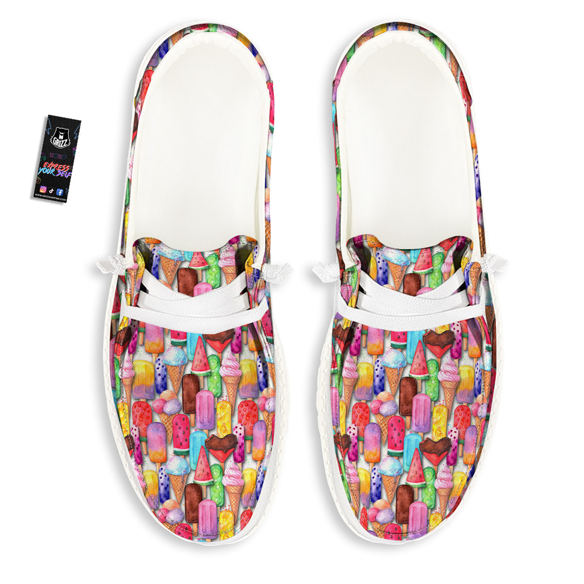 Watercolor Ice Cream Print Pattern White Loafers-grizzshop