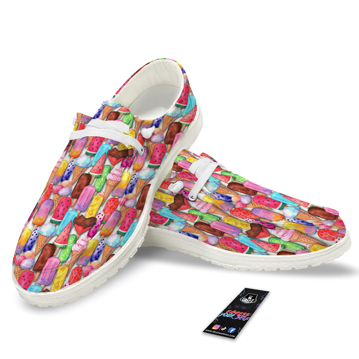 Watercolor Ice Cream Print Pattern White Loafers-grizzshop