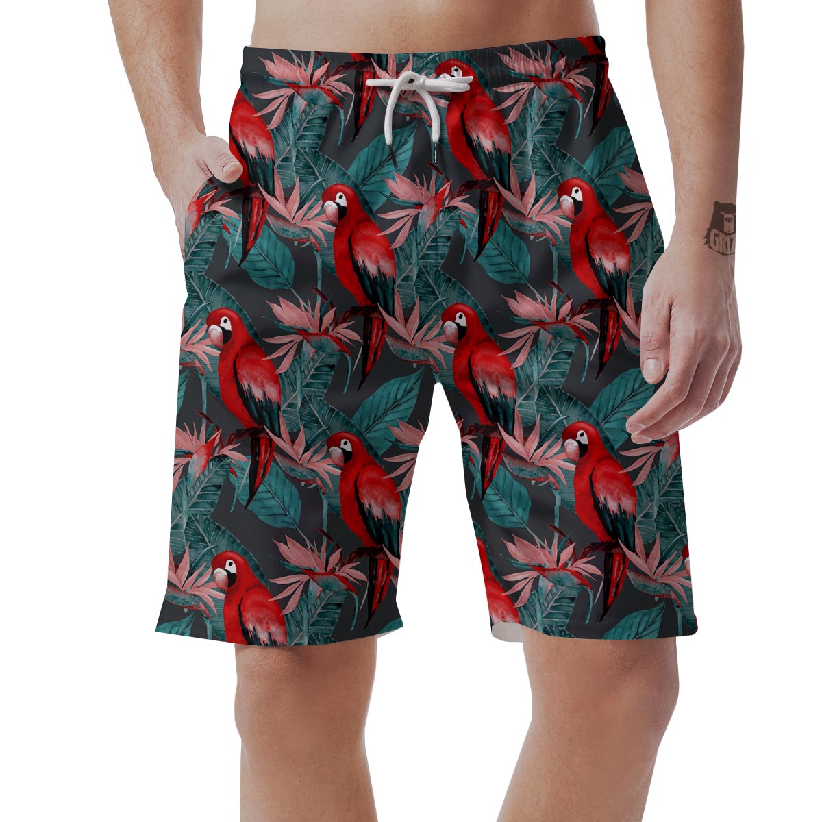 Watercolor Parrot Tropical Print Men's Shorts-grizzshop