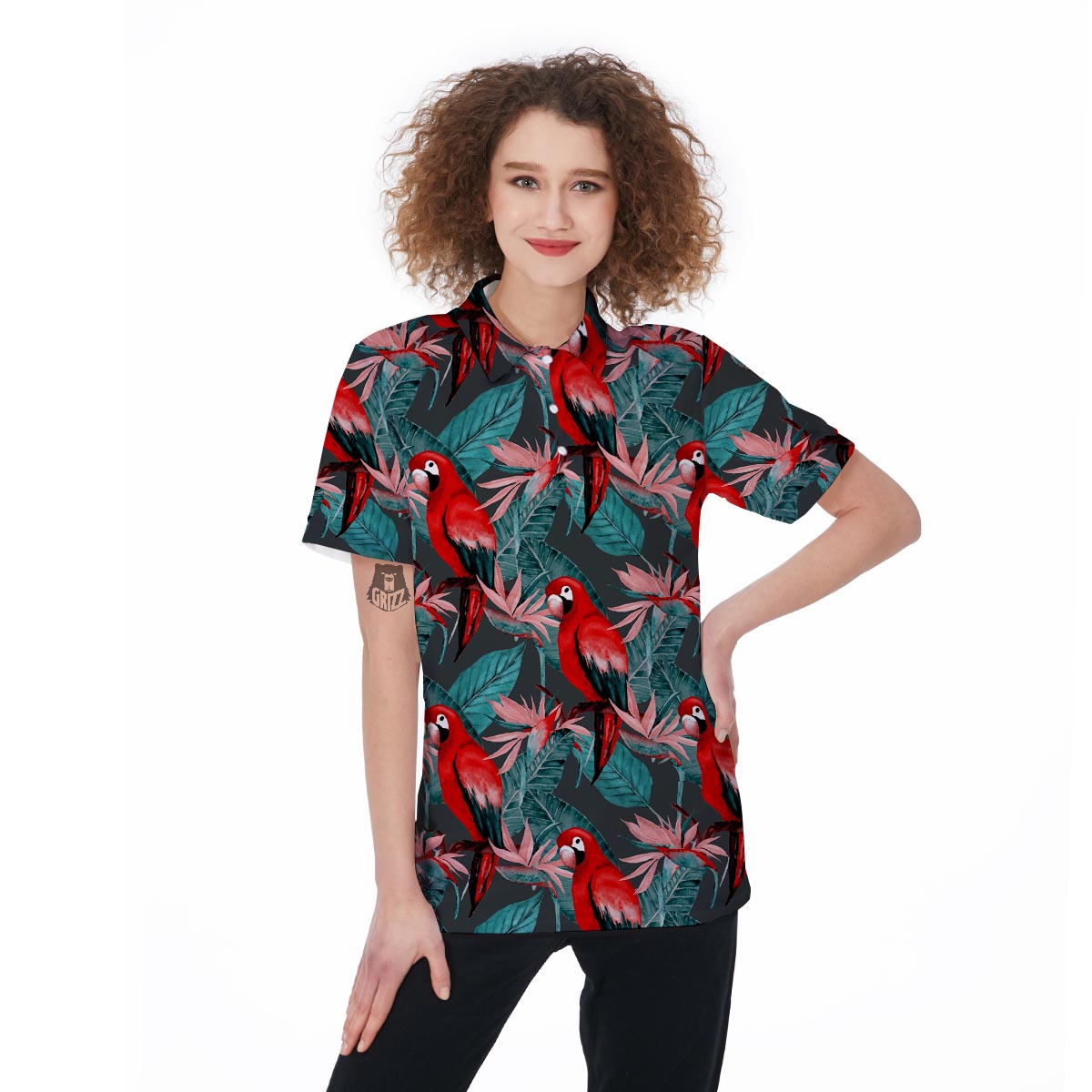 Watercolor Parrot Tropical Print Women's Golf Shirts-grizzshop