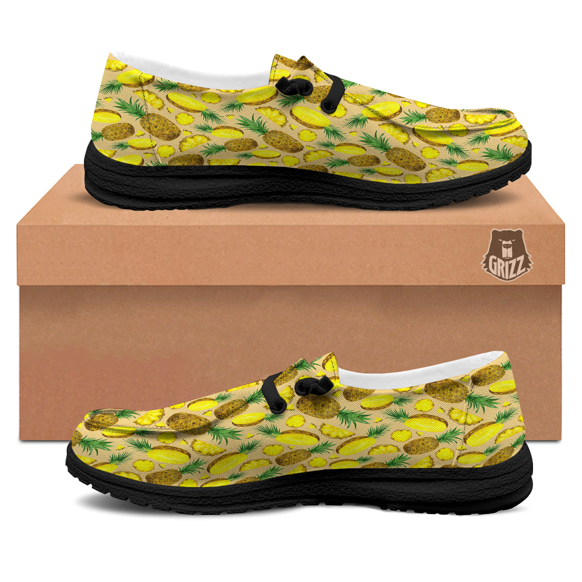 Watercolor Pineapple Beige Print Pattern Black Loafers-grizzshop