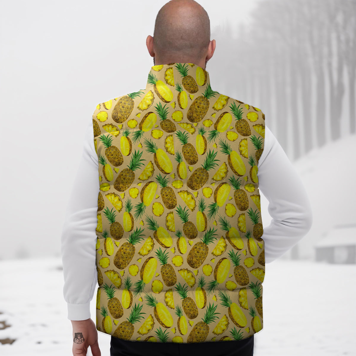 Watercolor Pineapple Beige Print Pattern Down Vest-grizzshop
