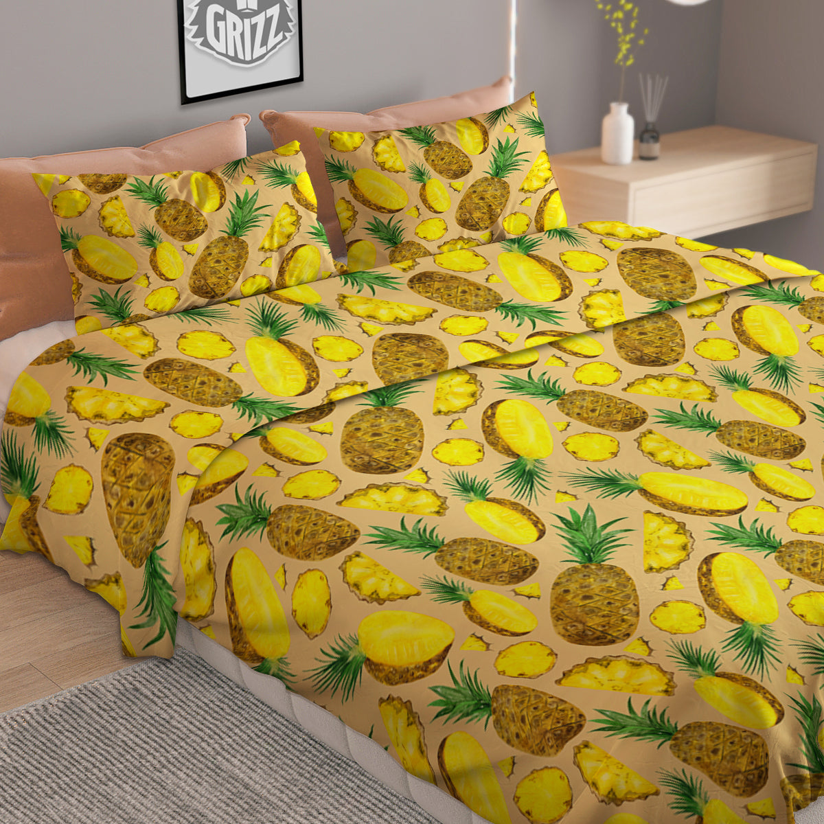Watercolor Pineapple Beige Print Pattern Duvet Cover Bedding Set