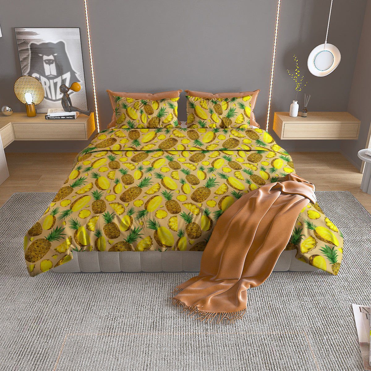 Watercolor Pineapple Beige Print Pattern Duvet Cover Bedding Set