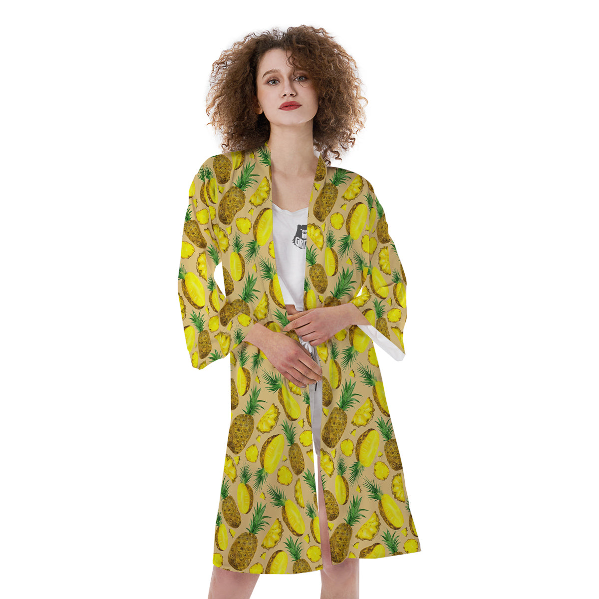 Watercolor Pineapple Beige Print Pattern Kimono-grizzshop