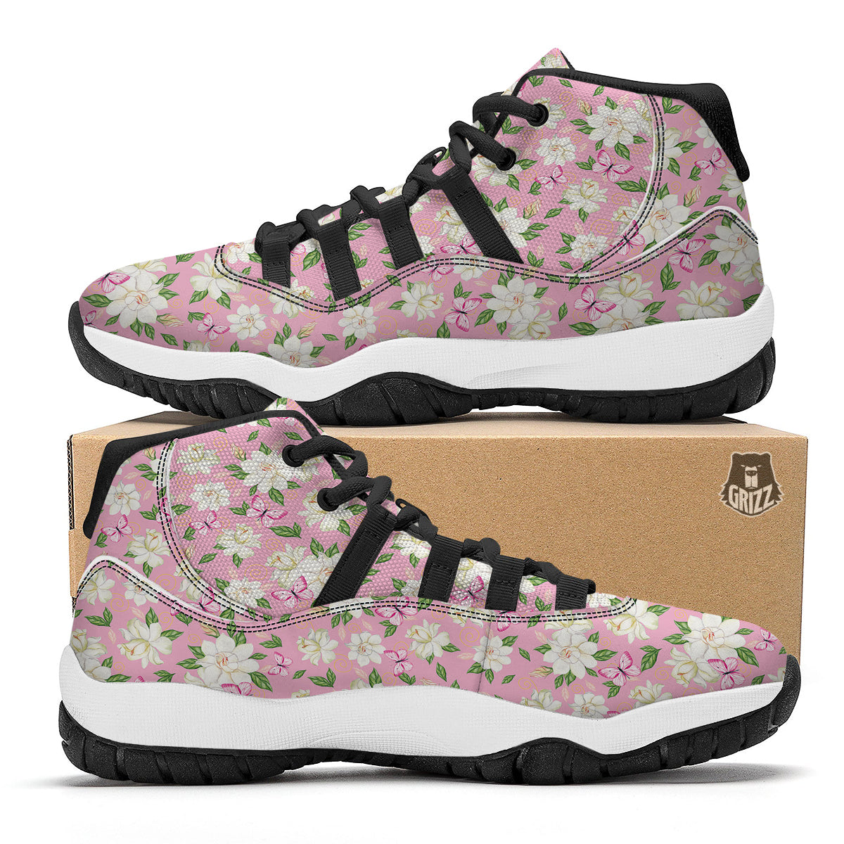 Watercolor Pink Gardenia Print Pattern Black Bball Shoes-grizzshop