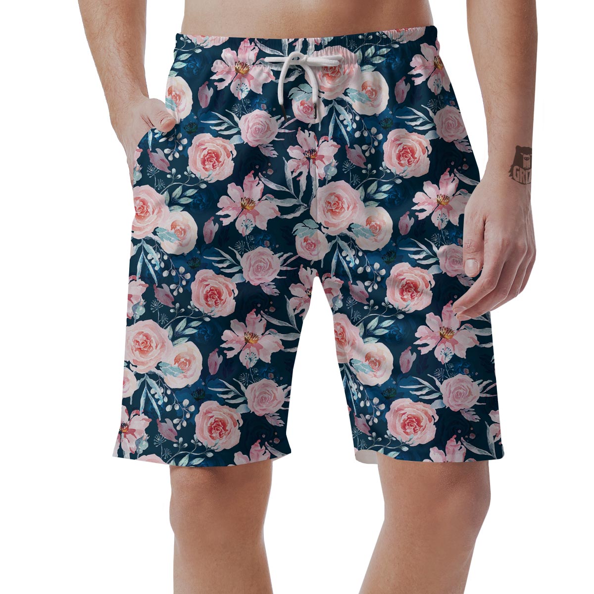 Watercolor Pink Rose Floral Men's Shorts-grizzshop