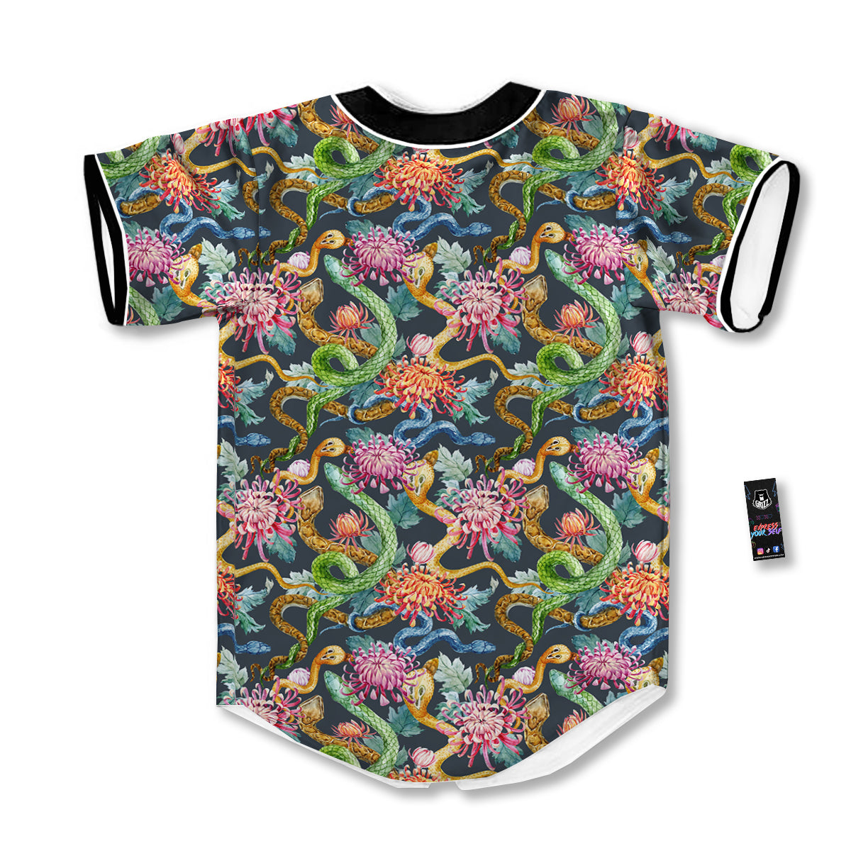 Watercolor Snake Chrysanthemum Flowers Print Pattern Baseball Jersey-grizzshop