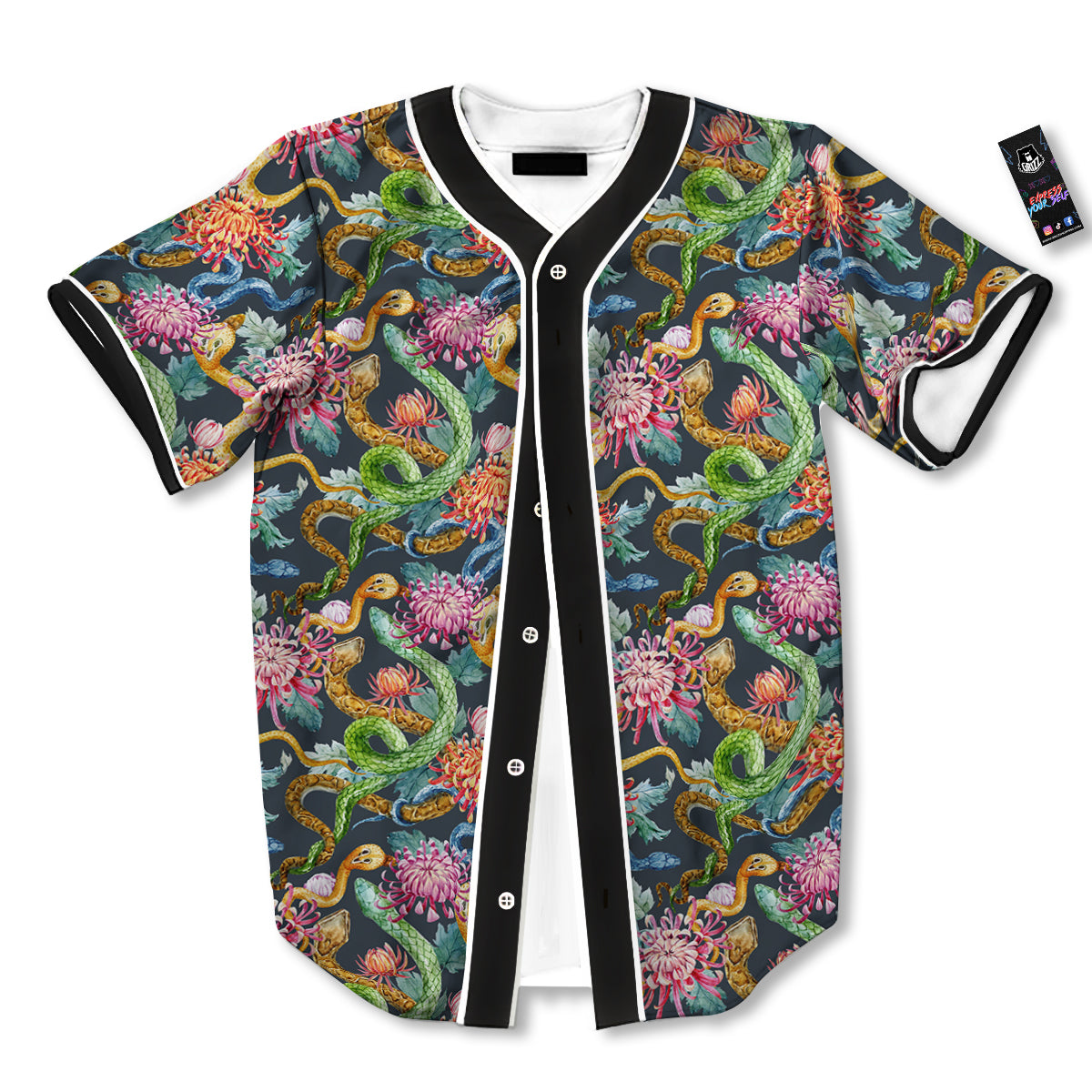 Watercolor Snake Chrysanthemum Flowers Print Pattern Baseball Jersey-grizzshop