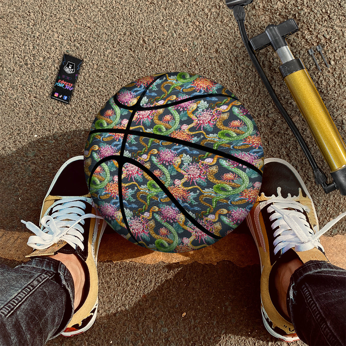 Watercolor Snake Chrysanthemum Flowers Print Pattern Basketball-grizzshop