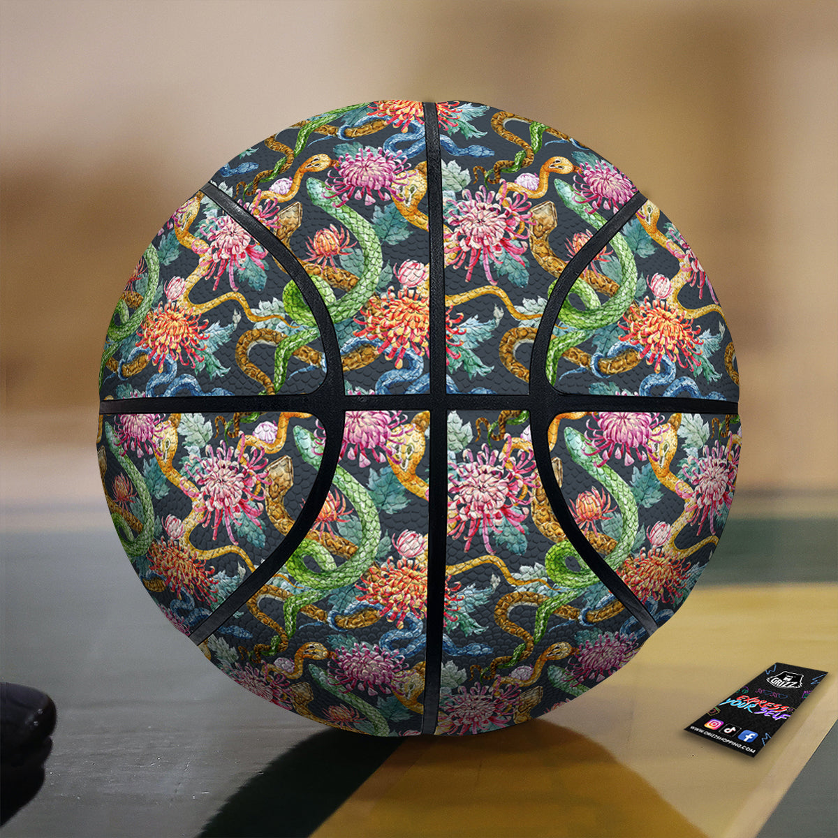 Watercolor Snake Chrysanthemum Flowers Print Pattern Basketball-grizzshop