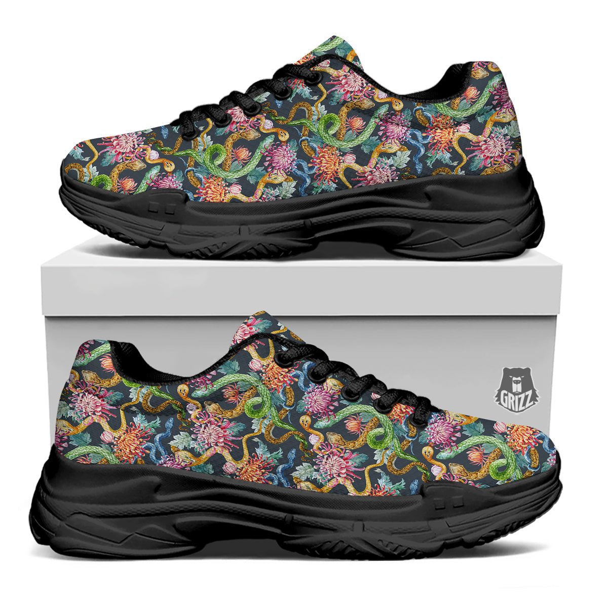 Watercolor Snake Chrysanthemum Flowers Print Pattern Black Chunky Shoes-grizzshop