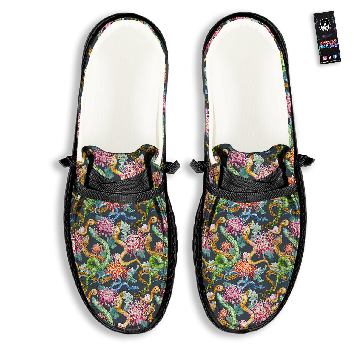 Watercolor Snake Chrysanthemum Flowers Print Pattern Black Loafers-grizzshop