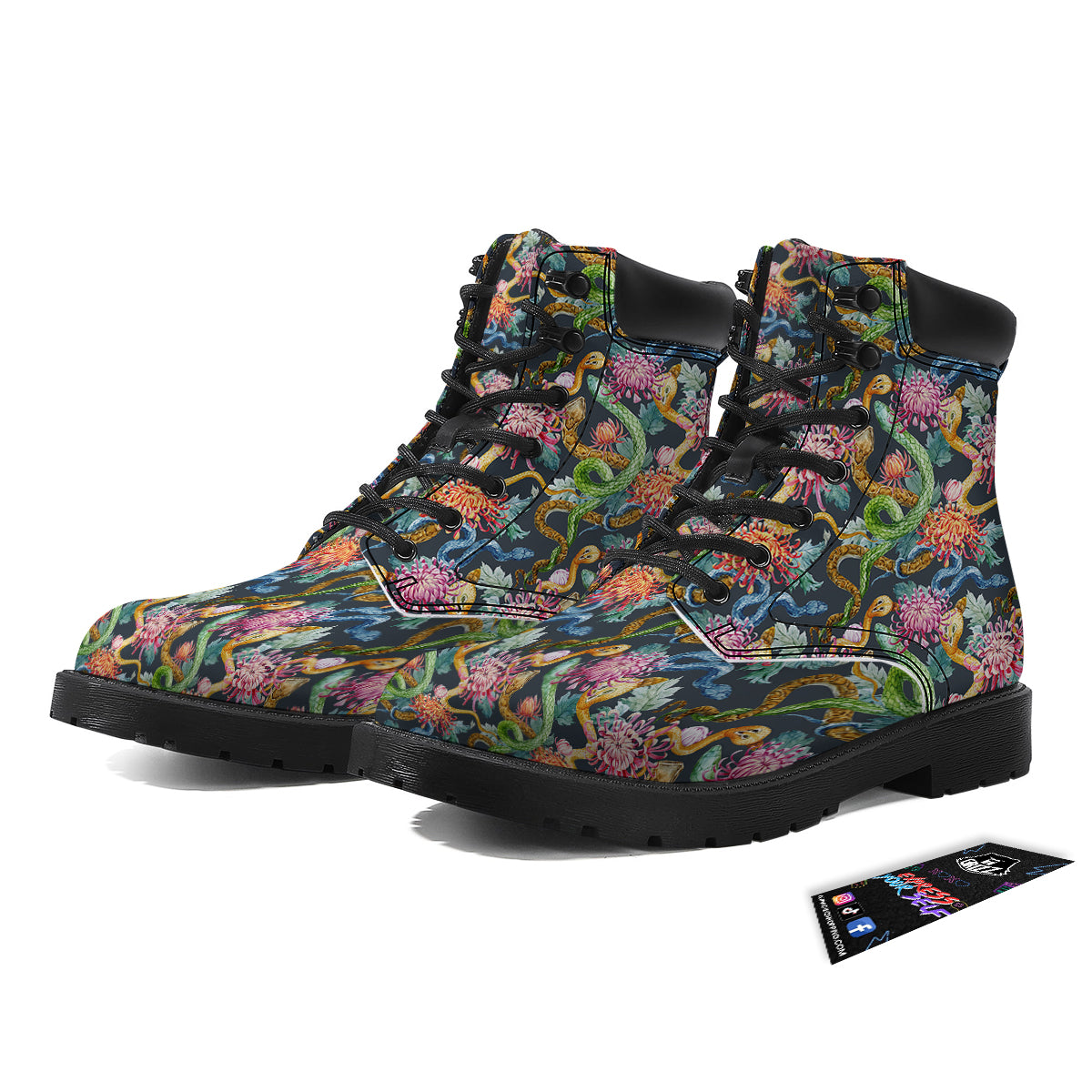 Watercolor Snake Chrysanthemum Flowers Print Pattern Boots-grizzshop