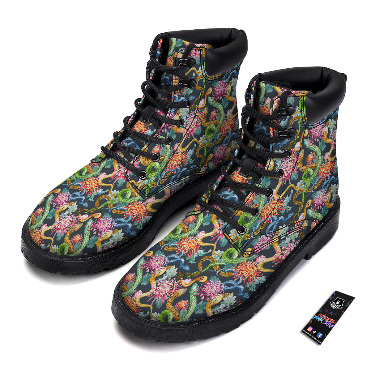 Watercolor Snake Chrysanthemum Flowers Print Pattern Boots-grizzshop