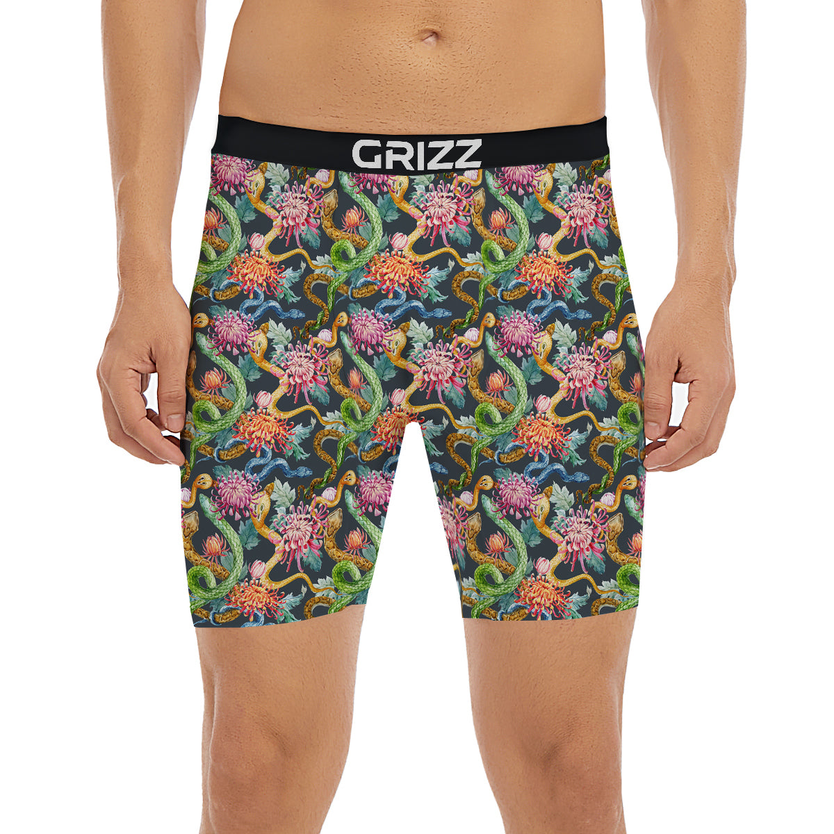 Watercolor Snake Chrysanthemum Flowers Print Pattern Boxer Briefs-grizzshop