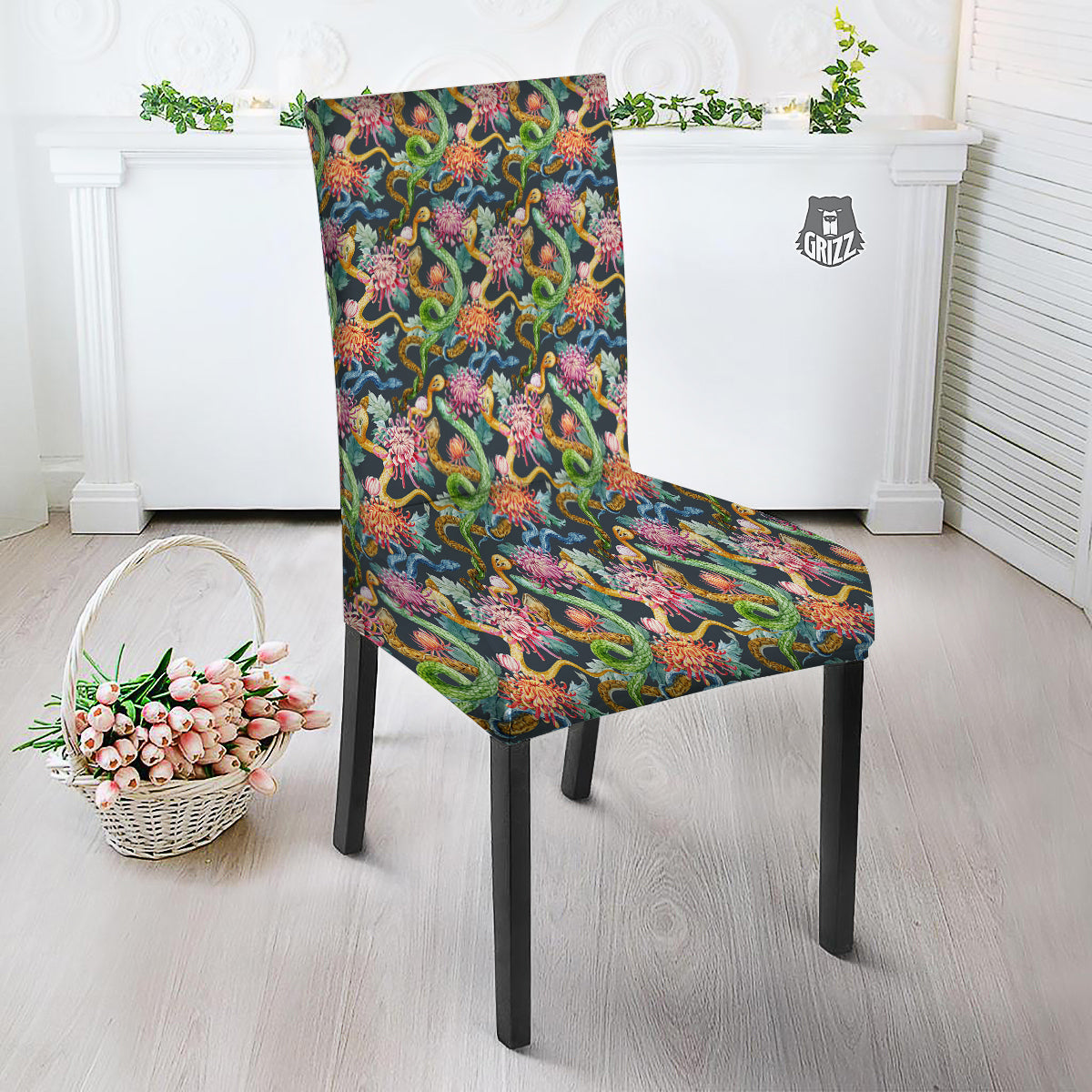 Watercolor Snake Chrysanthemum Flowers Print Pattern Dining Chair Slipcover-grizzshop