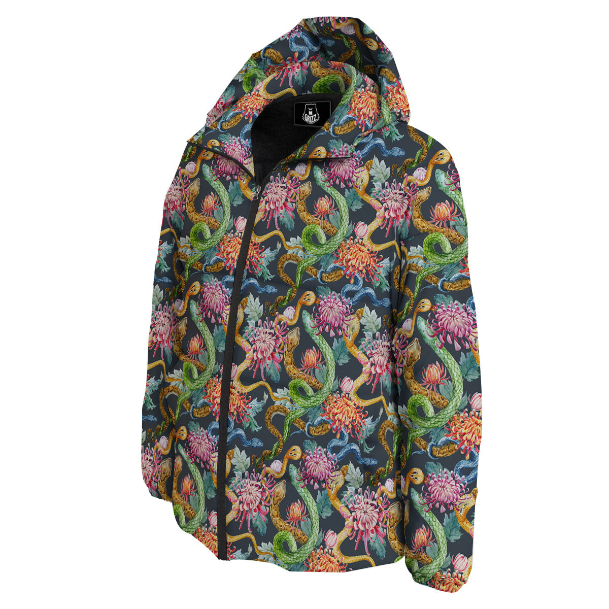 Watercolor Snake Chrysanthemum Flowers Print Pattern Down Jacket-grizzshop