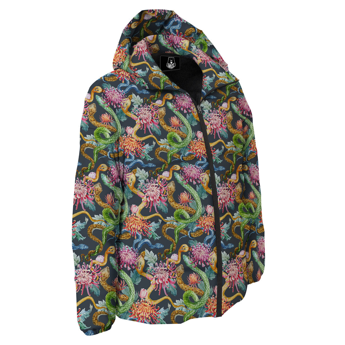 Watercolor Snake Chrysanthemum Flowers Print Pattern Down Jacket-grizzshop