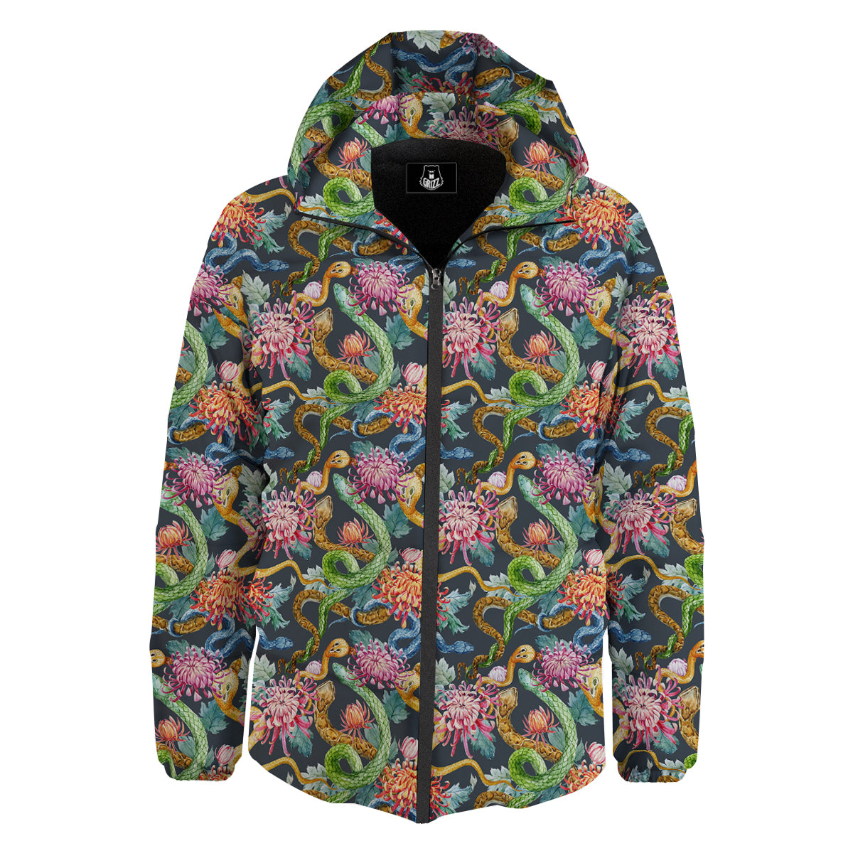 Watercolor Snake Chrysanthemum Flowers Print Pattern Down Jacket-grizzshop
