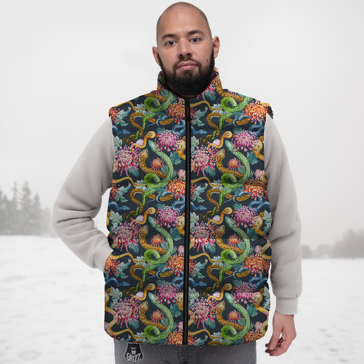 Watercolor Snake Chrysanthemum Flowers Print Pattern Down Vest