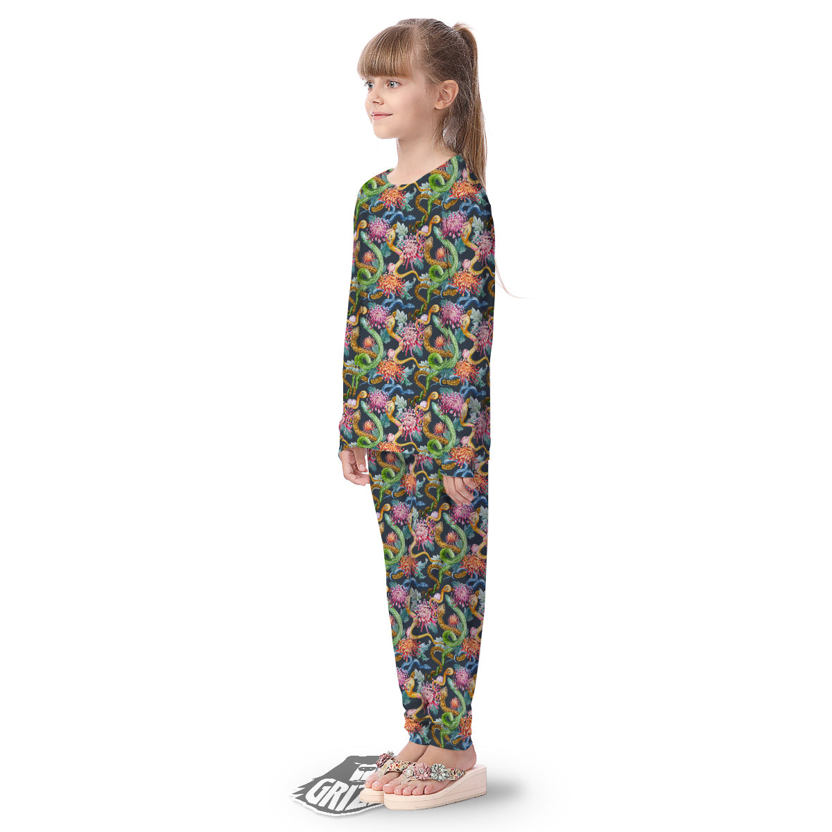 Watercolor Snake Chrysanthemum Flowers Print Pattern Kid's Pajamas-grizzshop