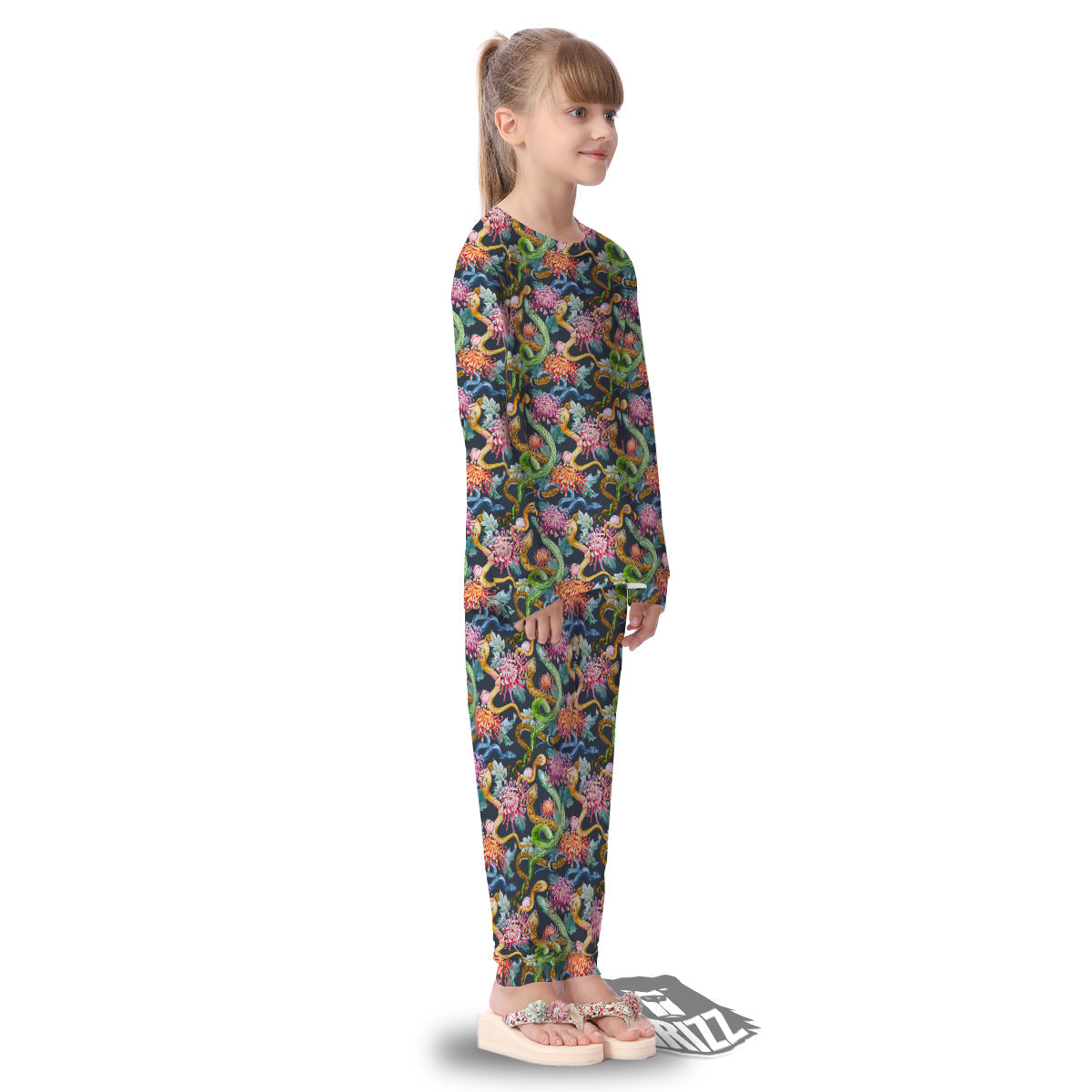 Watercolor Snake Chrysanthemum Flowers Print Pattern Kid's Pajamas-grizzshop