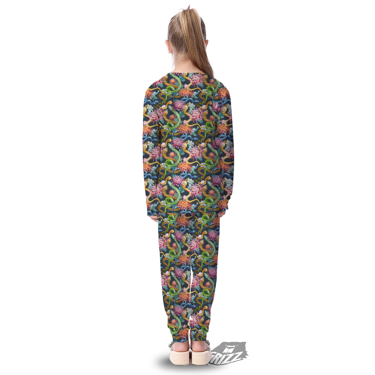Watercolor Snake Chrysanthemum Flowers Print Pattern Kid's Pajamas-grizzshop