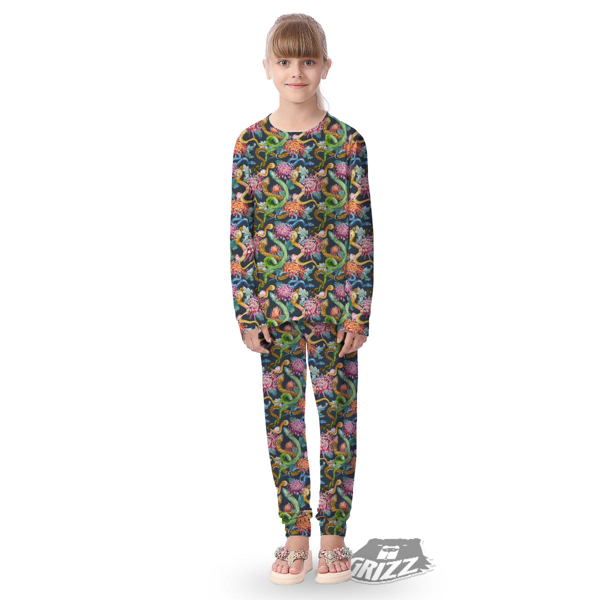 Watercolor Snake Chrysanthemum Flowers Print Pattern Kid's Pajamas-grizzshop