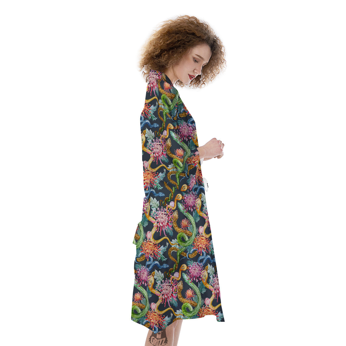 Watercolor Snake Chrysanthemum Flowers Print Pattern Kimono-grizzshop