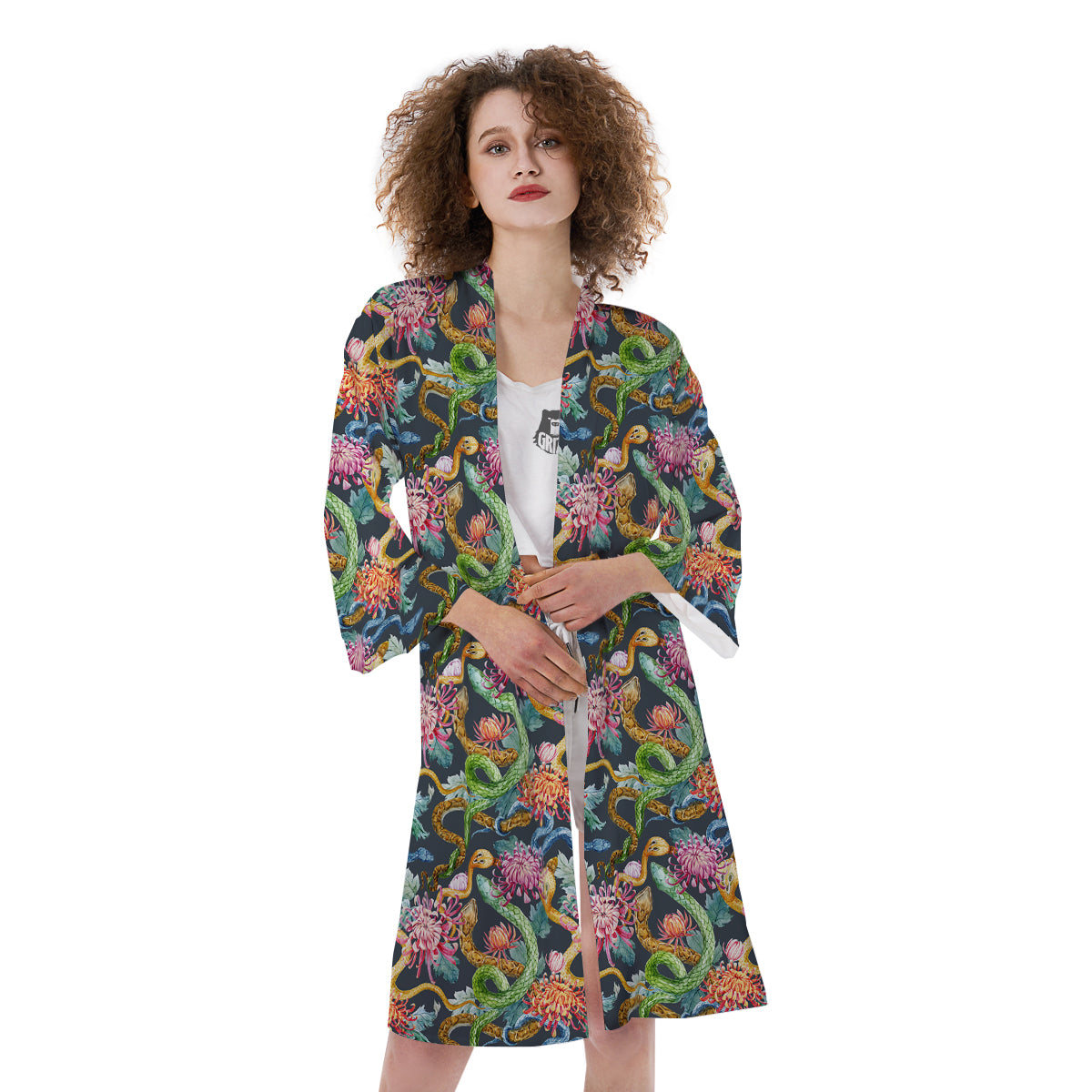 Watercolor Snake Chrysanthemum Flowers Print Pattern Kimono-grizzshop