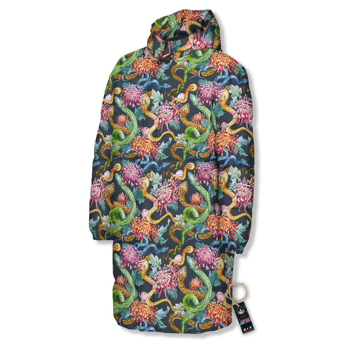 Watercolor Snake Chrysanthemum Flowers Print Pattern Long Down Jacket-grizzshop