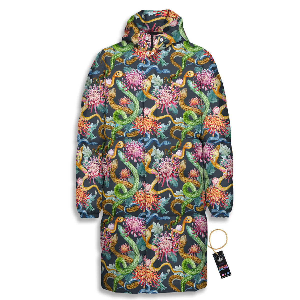 Watercolor Snake Chrysanthemum Flowers Print Pattern Long Down Jacket-grizzshop