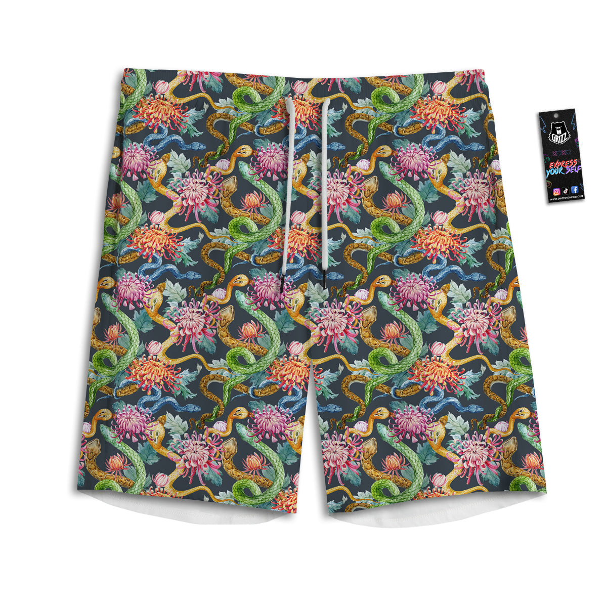 Watercolor Snake Chrysanthemum Flowers Print Pattern Men's Athletic Shorts