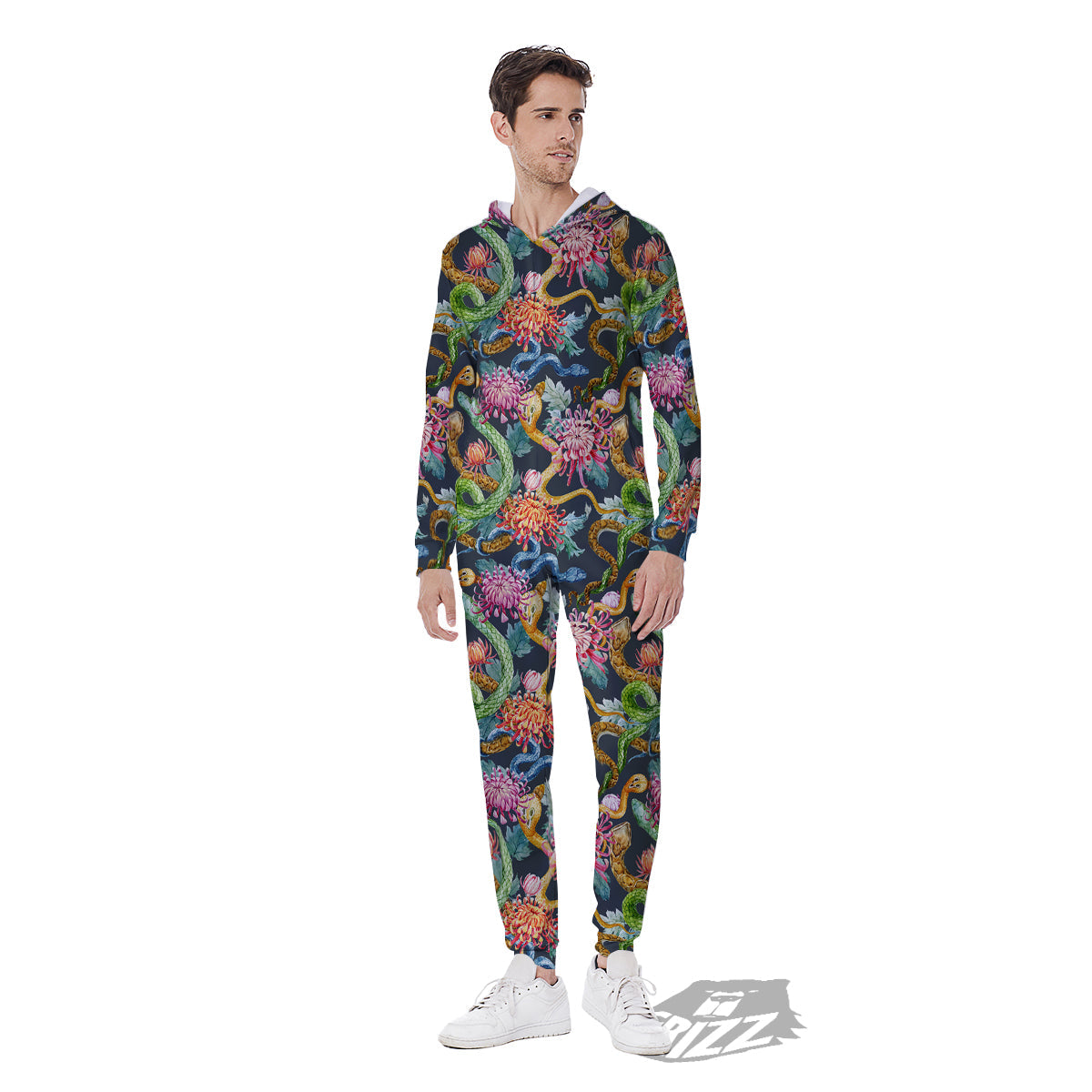 Watercolor Snake Chrysanthemum Flowers Print Pattern Men's Jumpsuit-grizzshop