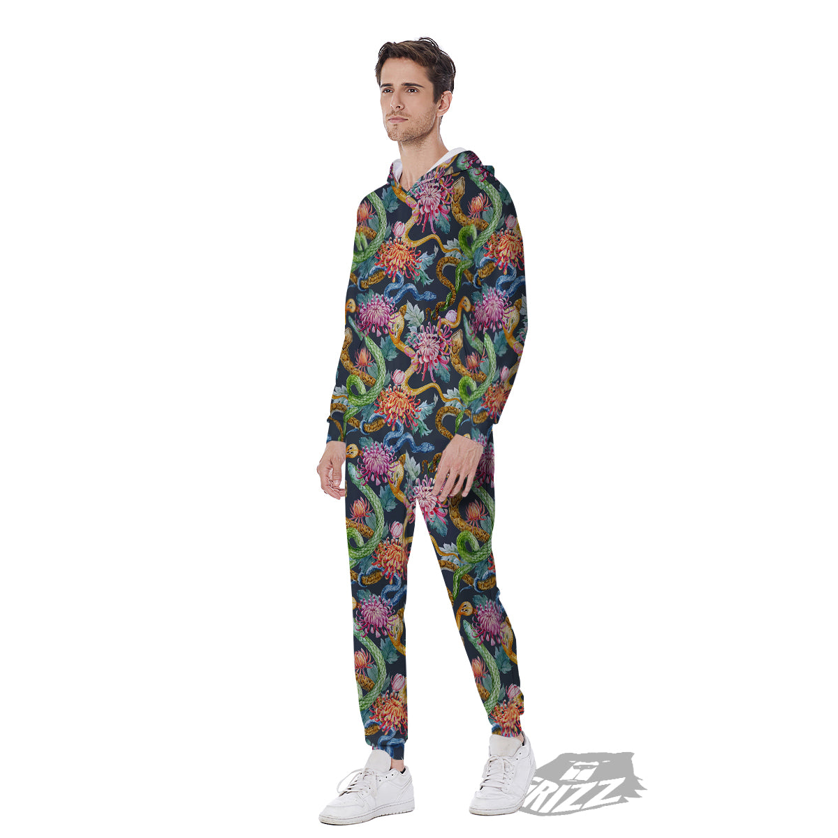 Watercolor Snake Chrysanthemum Flowers Print Pattern Men's Jumpsuit-grizzshop