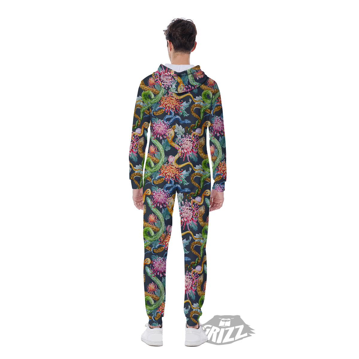 Watercolor Snake Chrysanthemum Flowers Print Pattern Men's Jumpsuit-grizzshop