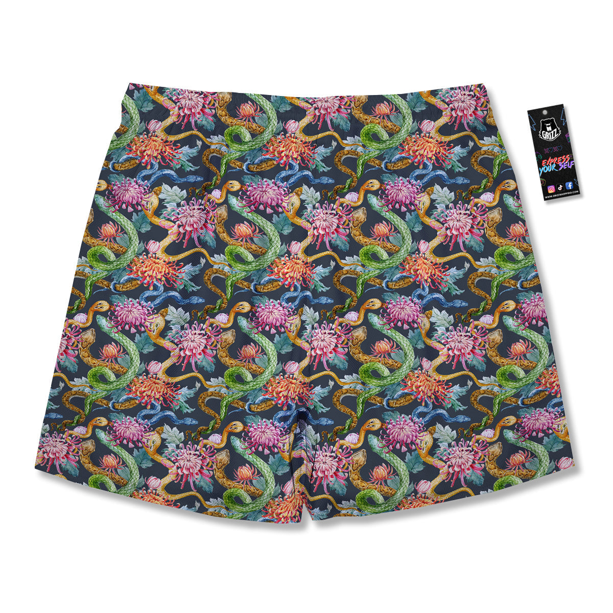 Watercolor Snake Chrysanthemum Flowers Print Pattern Men's Running Shorts-grizzshop