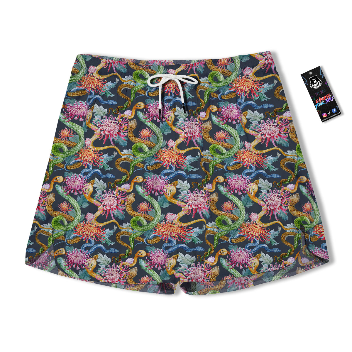 Watercolor Snake Chrysanthemum Flowers Print Pattern Men's Running Shorts-grizzshop