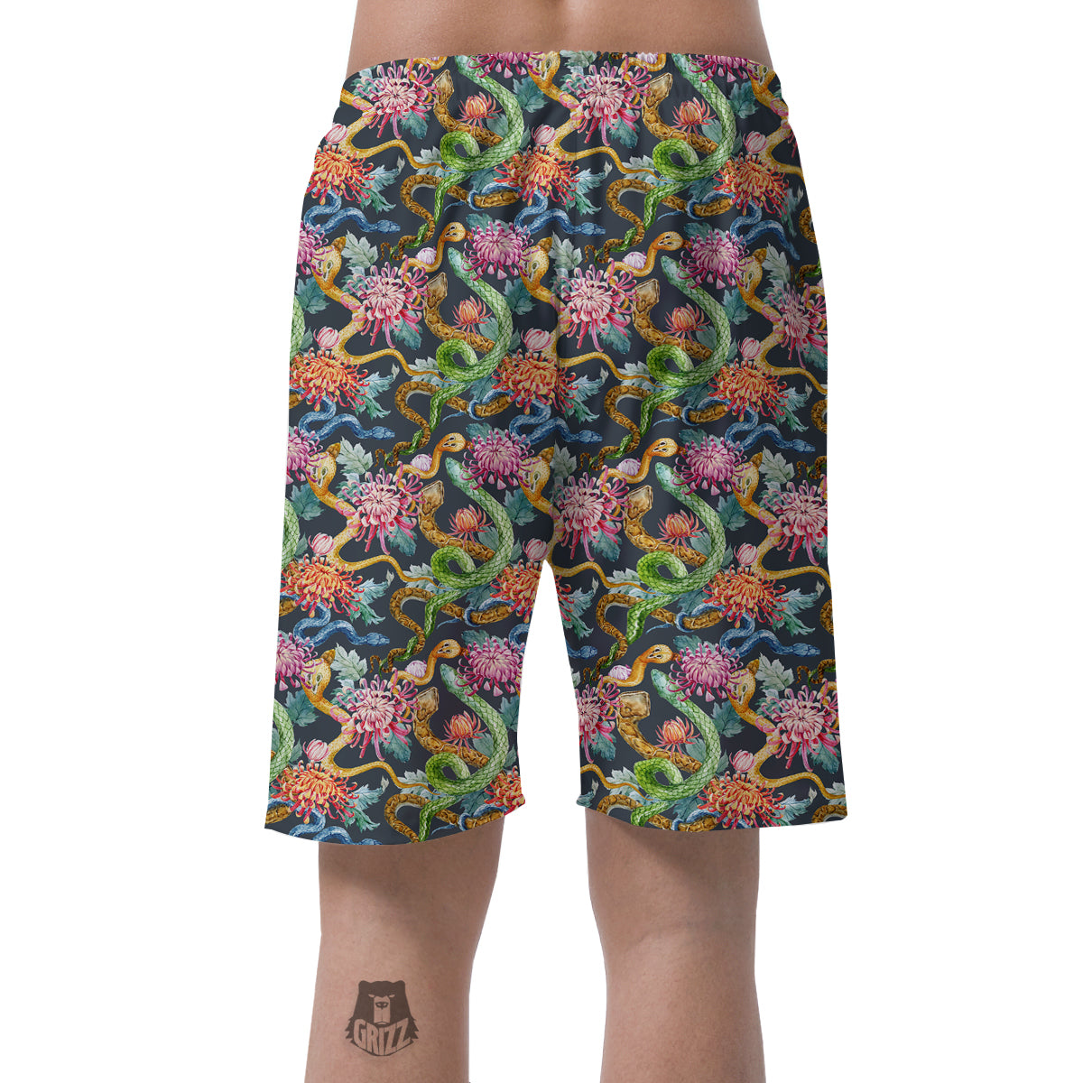 Watercolor Snake Chrysanthemum Flowers Print Pattern Men's Shorts-grizzshop