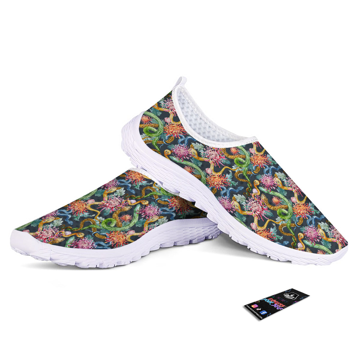 Watercolor Snake Chrysanthemum Flowers Print Pattern Nurse Shoes-grizzshop