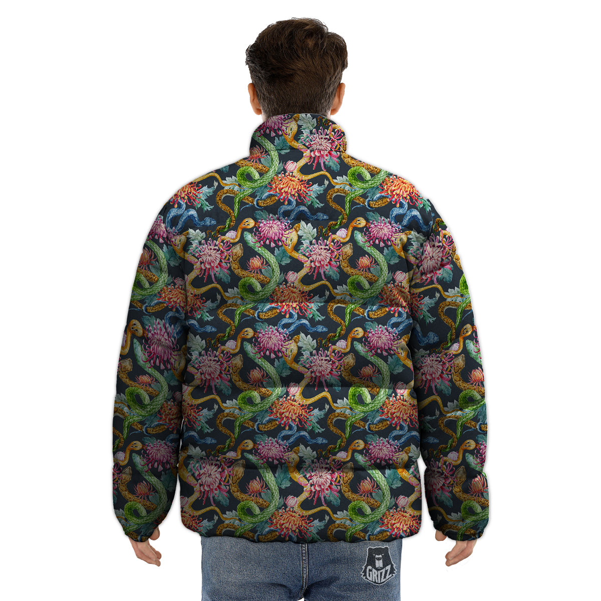 Watercolor Snake Chrysanthemum Flowers Print Pattern Puffer Jacket-grizzshop