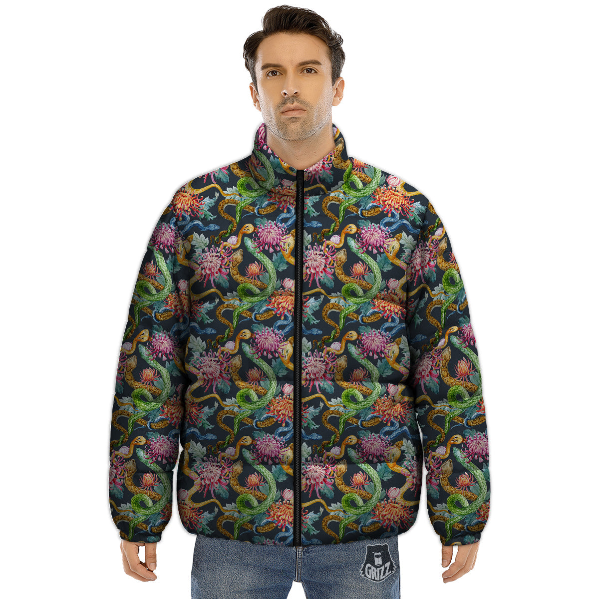 Watercolor Snake Chrysanthemum Flowers Print Pattern Puffer Jacket-grizzshop