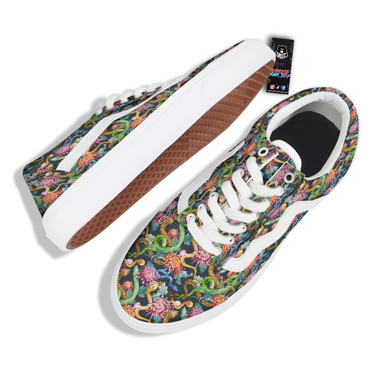 Watercolor Snake Chrysanthemum Flowers Print Pattern Skate Shoes-grizzshop