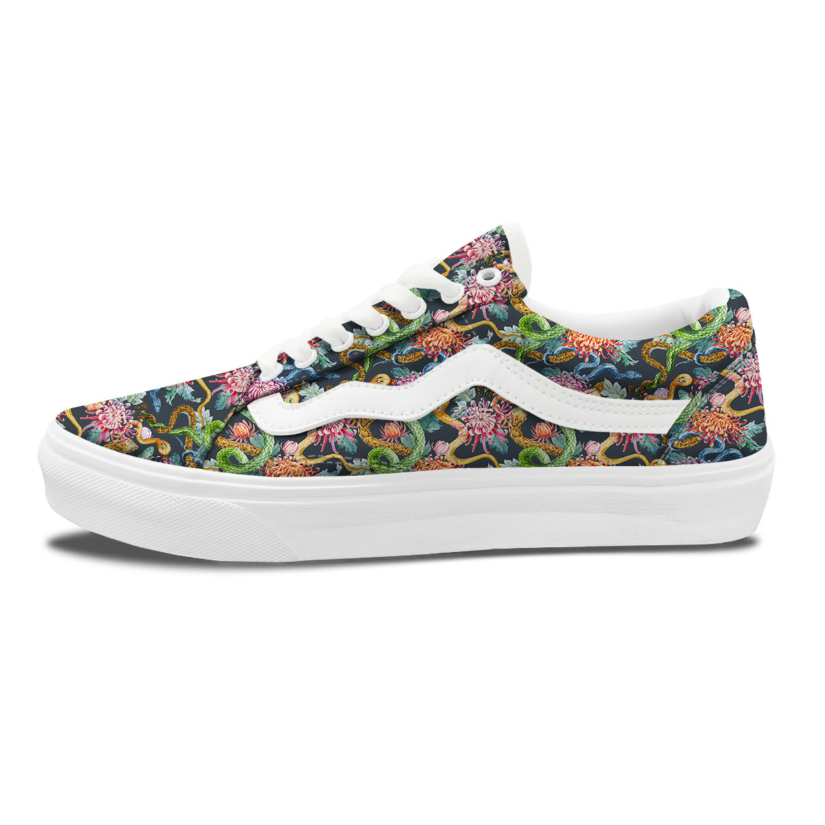 Watercolor Snake Chrysanthemum Flowers Print Pattern Skate Shoes-grizzshop