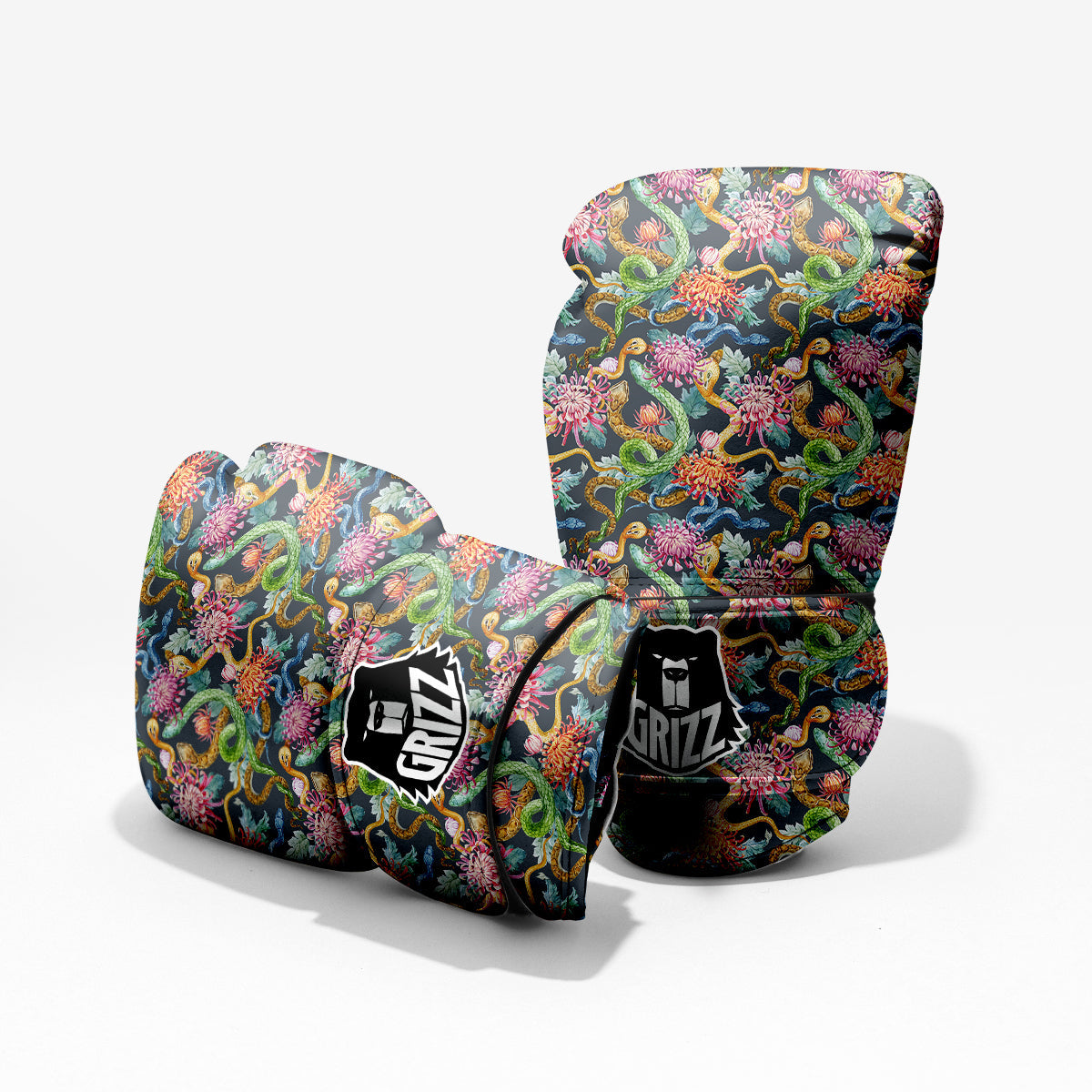Watercolor Snake Chrysanthemum Flowers Print Pattern Pro Boxing Glove